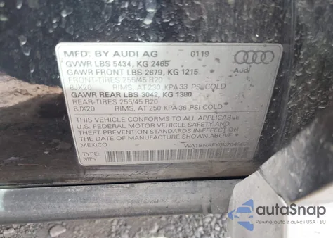 2019 Audi Q5 45 Premium z USA, uszkodzony, nr VIN WA1BNAFY0K2049679